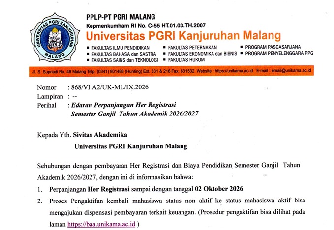 PENGUMUMAN RESMI: PERPANJANGAN HER REGISTRASI SEMESTER GANJIL T.A. 2026/2027 UNIVERSITAS PGRI KANJURUHAN MALANG