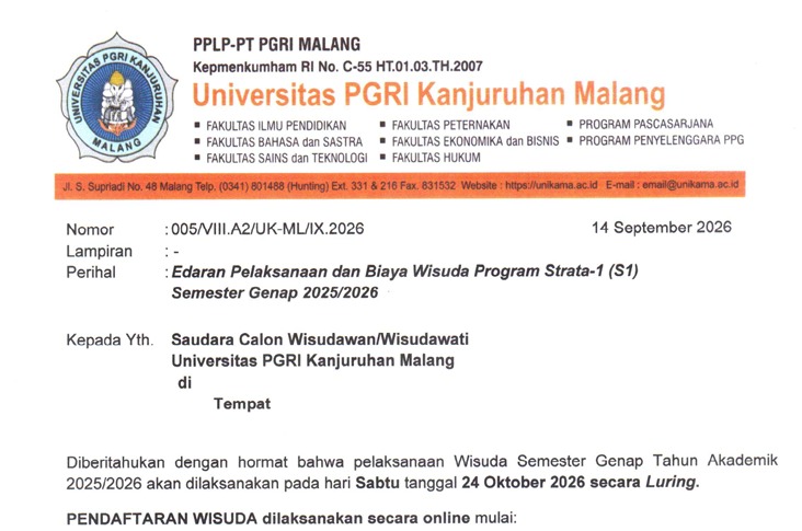 PENGUMUMAN: PELAKSANAAN DAN BIAYA WISUDA PROGRAM SARJANA (S1) SEMESTER GENAP T.A. 2025/2026